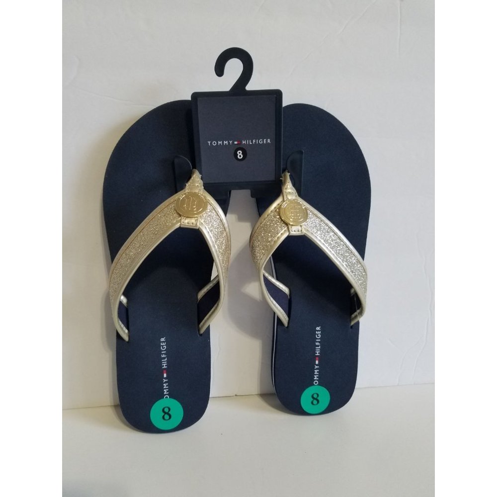 Womens Tommy Hilfiger Flip Flops Gold & Navy 7-10